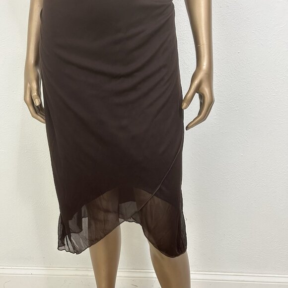 Vintage 90s Brown Chiffon Midi Dress Asymmetrical Hem Fairy Ethereal Earthy Sz M - Picture 3 of 12